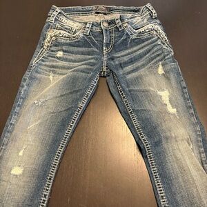 Vintage Silver Jeans Distressed Low Rise Boot Cut Embellished Jeans